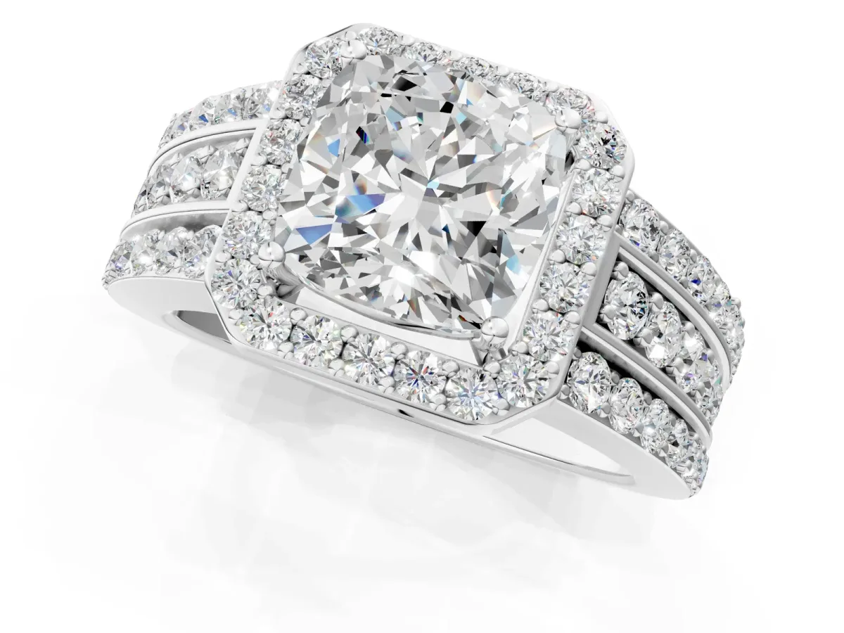 Cushion Cut Halo Diamond Ring with Round Moissanite Split Shank and Prong Setting Silver