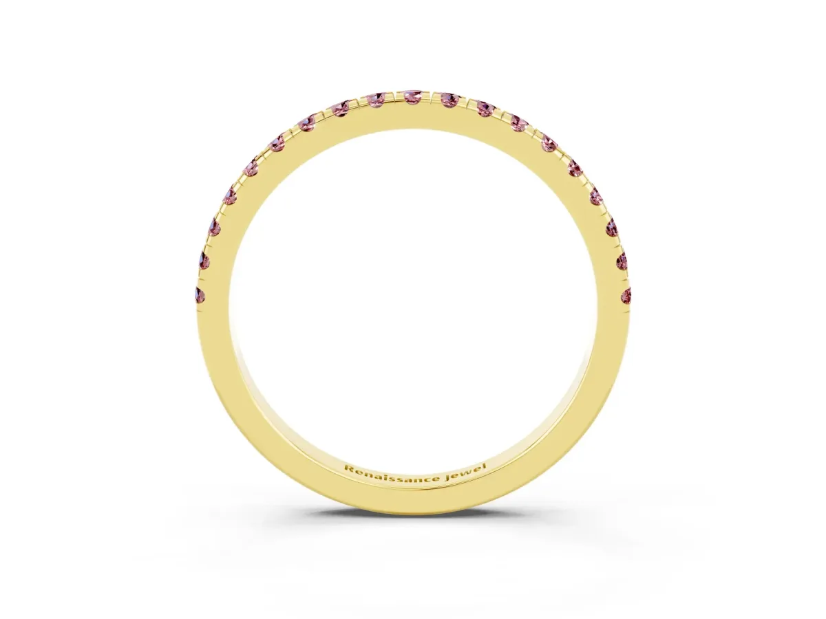 Pavé Round Morganite Half Eternity Band with Shared Prong Setting Yellow gold