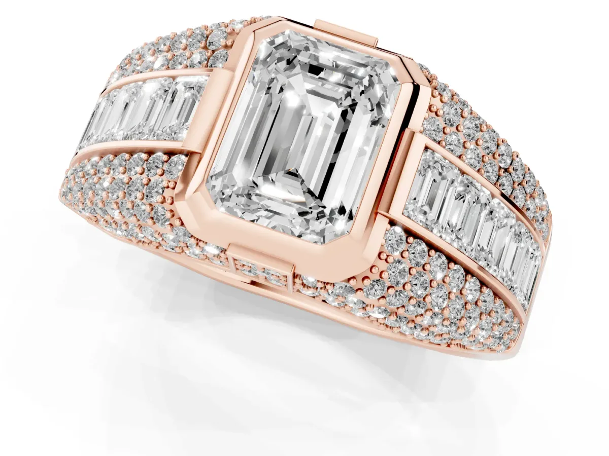 Emerald Cut Diamond Mens Ring with Side Stones Rose gold