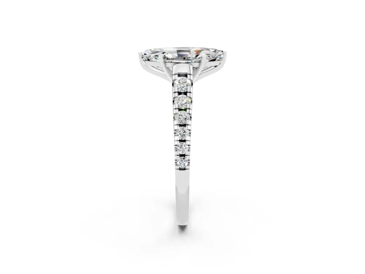 Marquise Cut Moissanite Cathedral Solitaire Ring with Round Pavé Band Silver