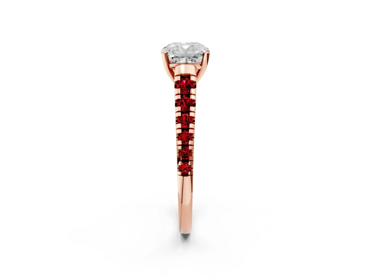 Cushion Cut Diamond Cathedral Solitaire Ring with Round Ruby Pavé Band Rose gold