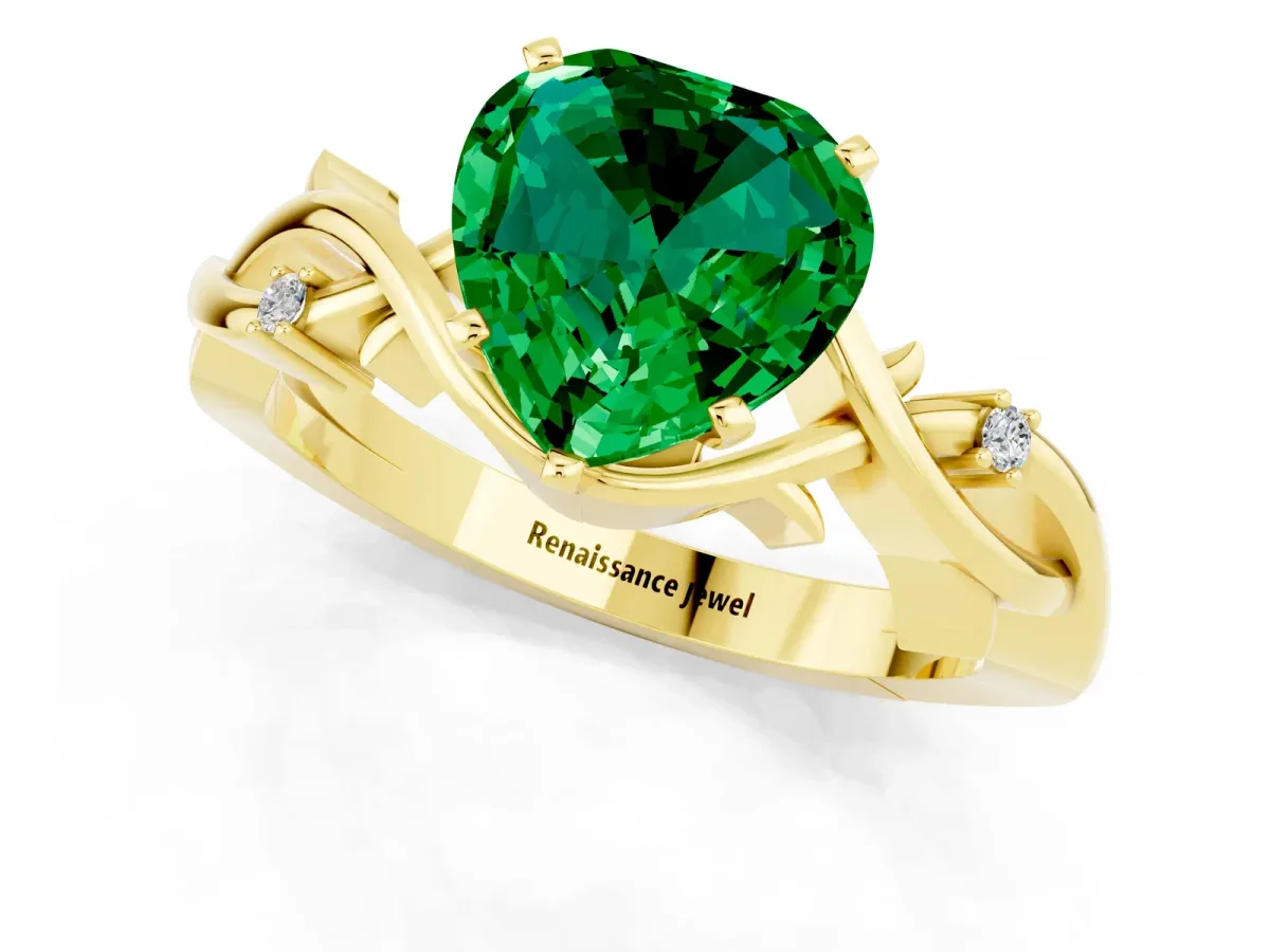 Heart Cut Emerald Solitaire Ring with Twisted Band and Prong Setting Yellow gold