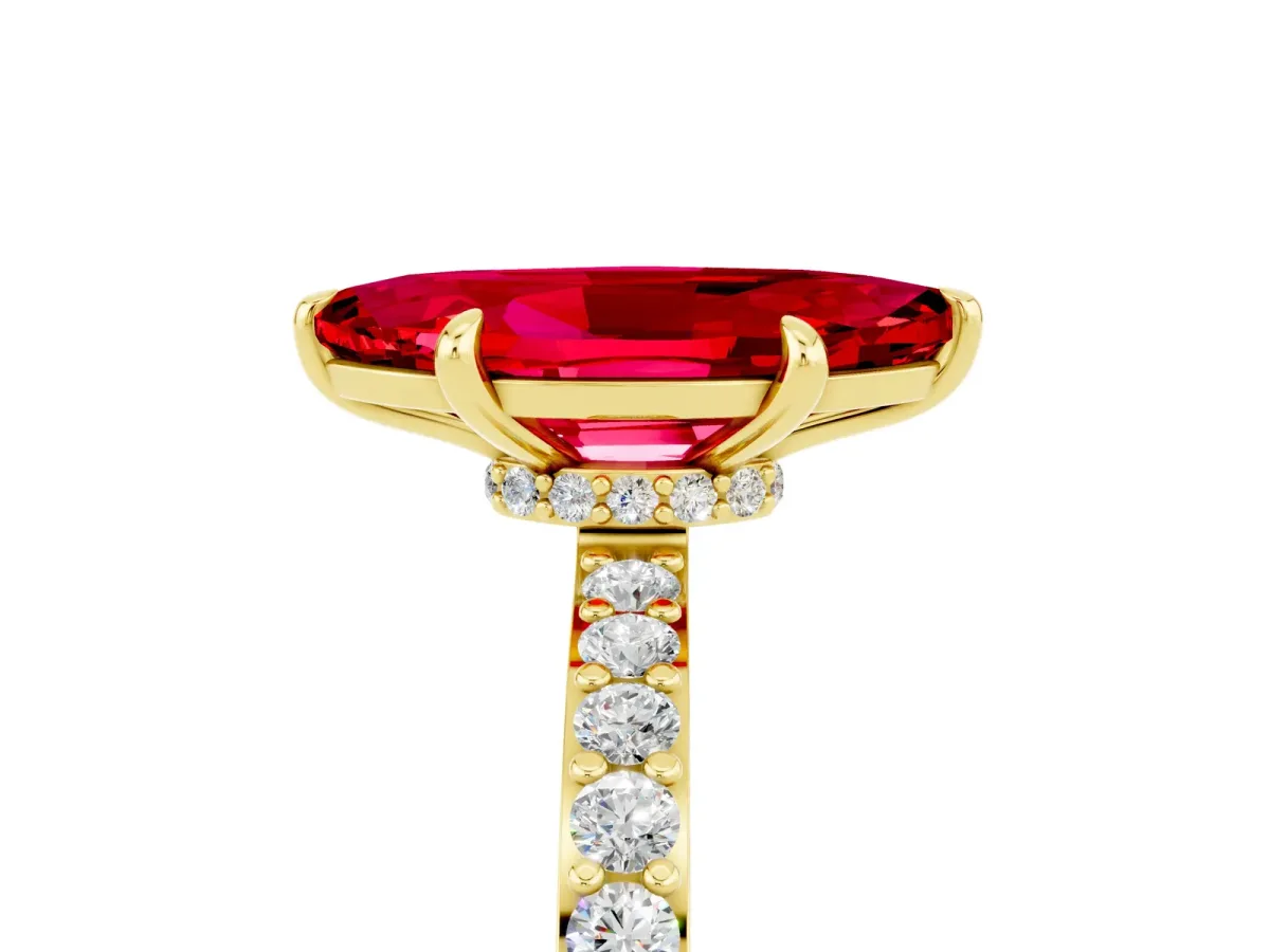 Marquise Cut Ruby Solitaire Engagement Ring with Pavé Band and Four-Prong Setting Yellow gold