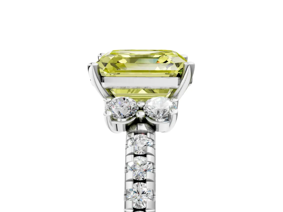 Fancy Yellow Asscher Cut Diamond Three-Stone Pave Band with Four-Prong Setting Platinum