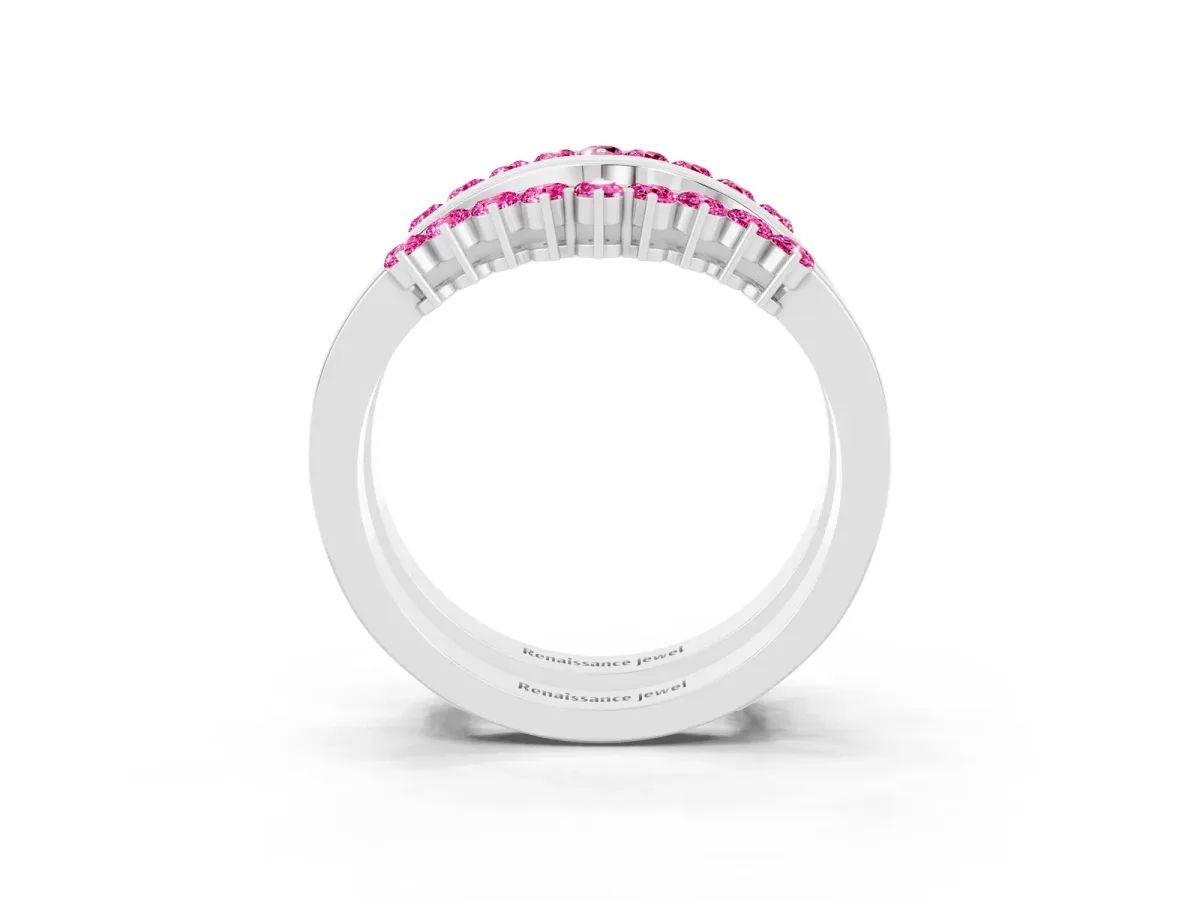 Round Pink Sapphire Chevron Contour Band with Prong Setting Platinum