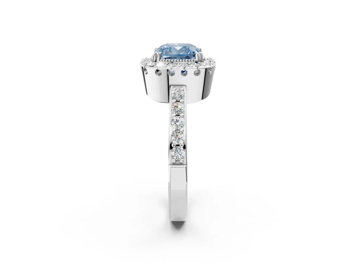 Fancy Blue Cushion Cut Diamond Halo Ring with Pavé Band and Prong Setting Silver