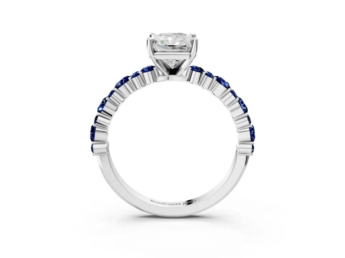 Radiant Cut Diamond Side Stone Solitaire Ring with Round Blue Sapphire and Four-Prong Setting Platinum