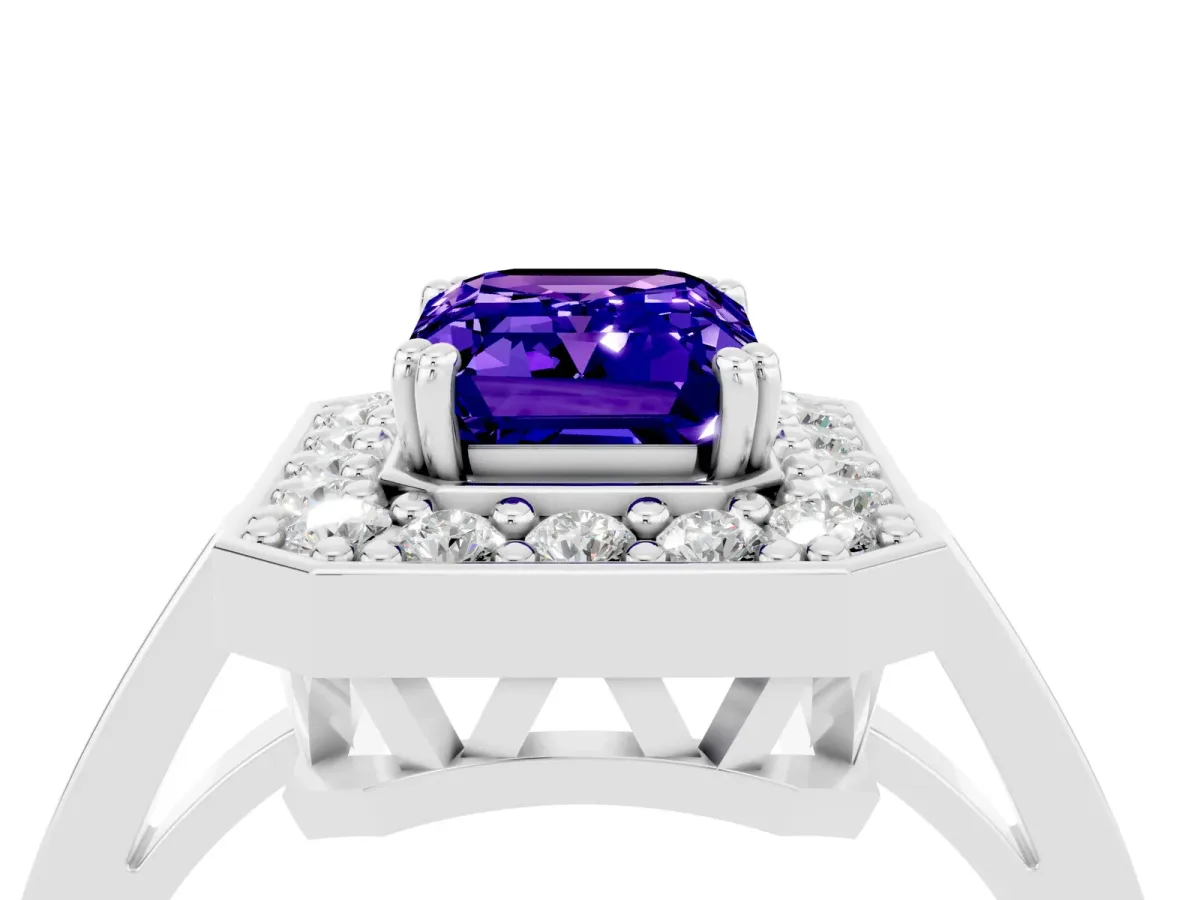 Emerald Cut Tanzanite Halo Ring with Split Shank and Four-Prong Setting White gold