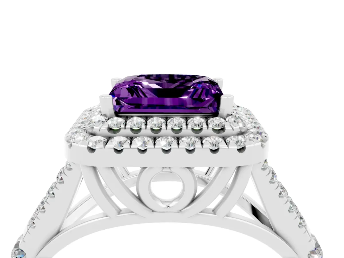 Double Halo Princess Cut Amethyst Split Shank Engagement Ring with Four-Prong Setting White gold
