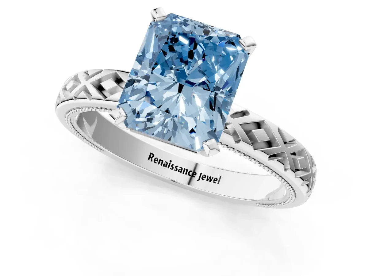 Fancy Blue Radiant Cut Solitaire Diamond Ring with Milgrain and Black Enamel X Pattern Band Platinum