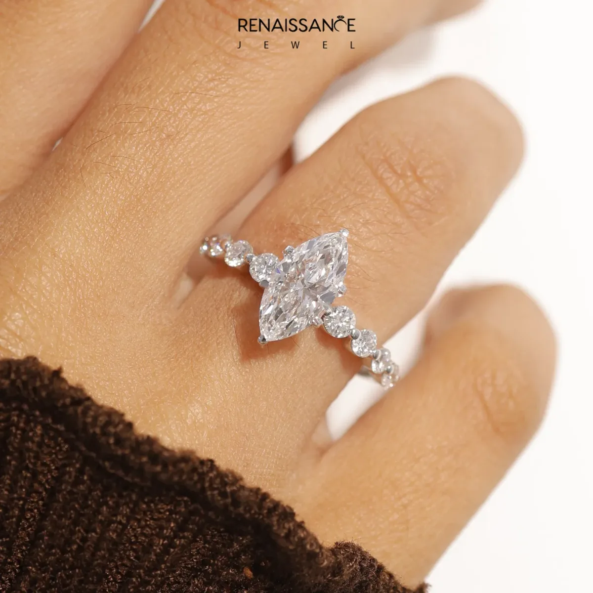 Marquise Cut Solitaire Diamond Ring with Pave Band and Four-Prong Setting Silver