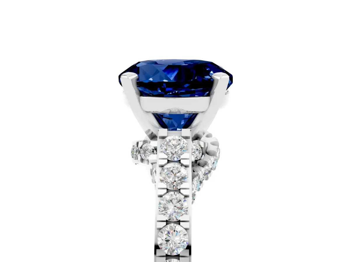 Round Cut Blue Sapphire Solitaire Ring with Crossover Gallery and Round Pavé Band Silver