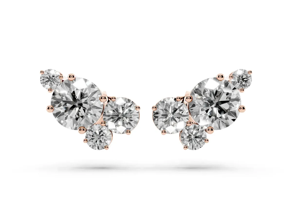 Round and Oval Diamond Hydrangea Bouquet Stud Earrings with Round Diamond Accents Rose gold