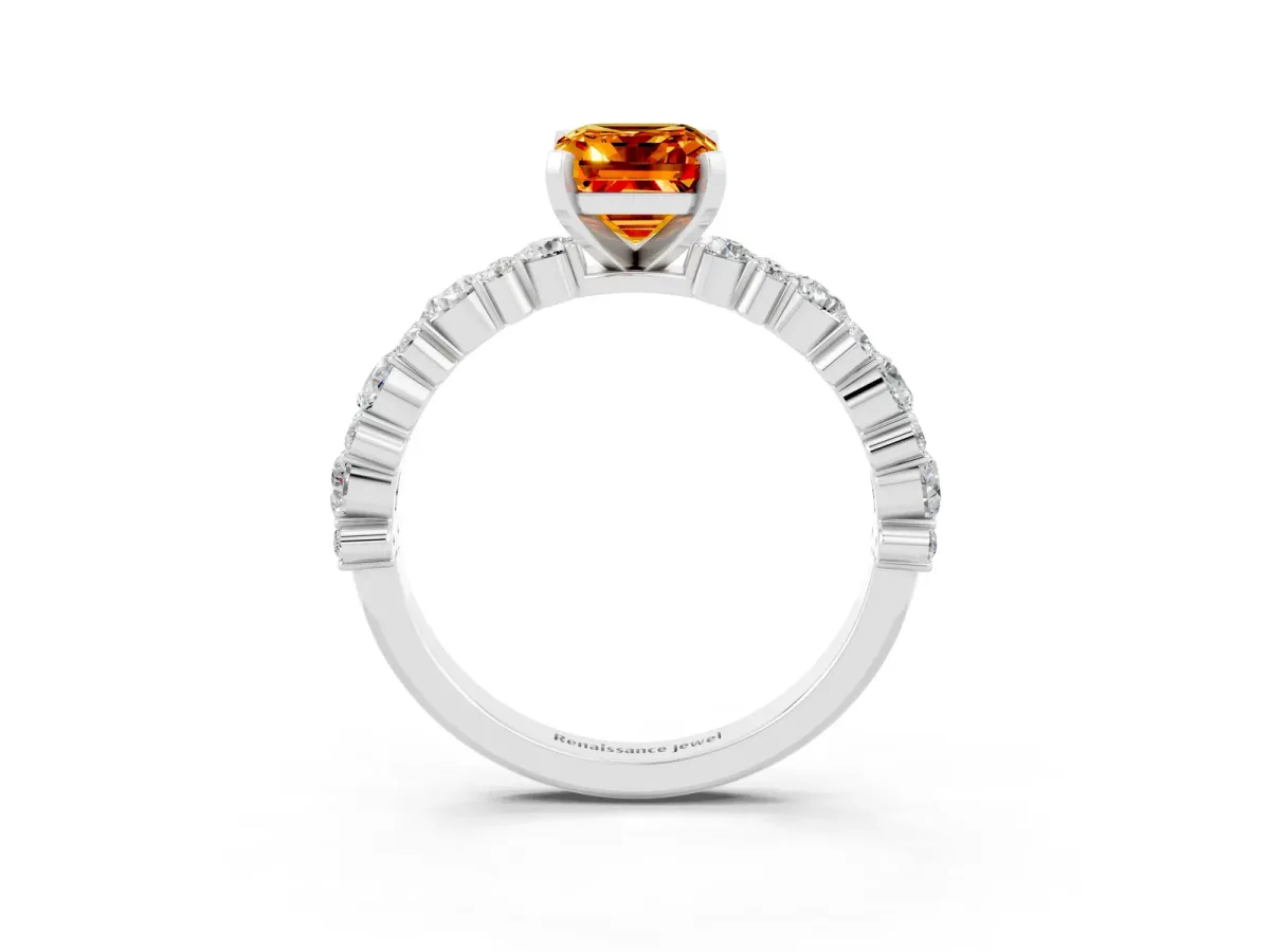 Emerald Cut Citrine Side Stone Solitaire Ring with Round and Four-Prong Setting Platinum
