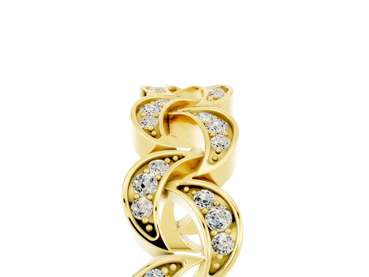 Pavé Round Moissanite Interlocking Eternity Band with Bezel Prong Setting Yellow gold