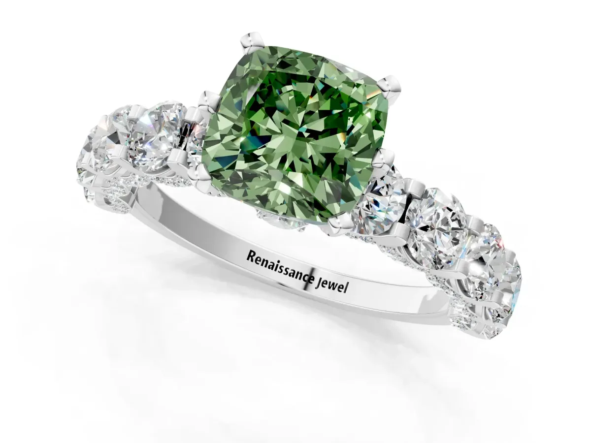 Fancy Green Cushion Cut Diamond Side Stone Engagement Ring with Four-Prong Setting White gold