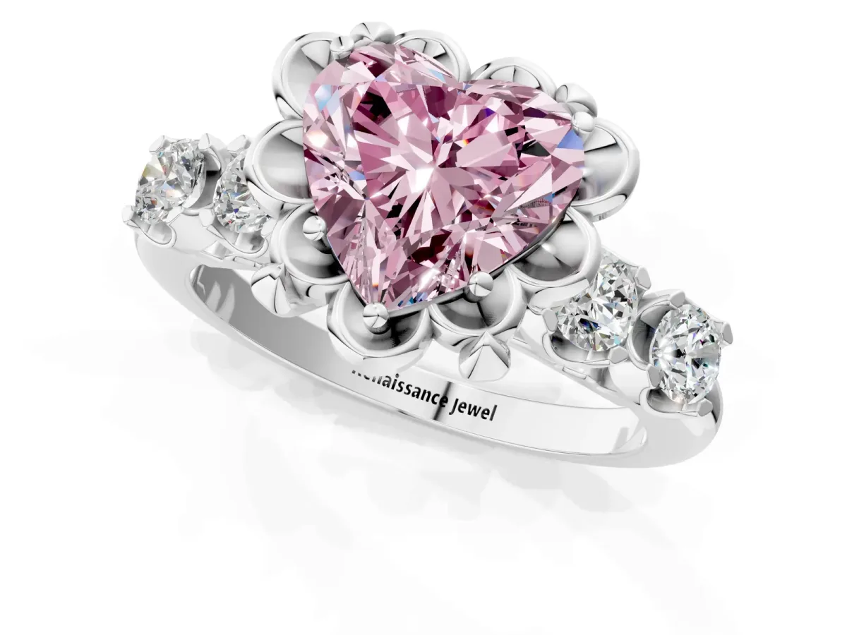 Fancy Pink Heart Cut Cut Diamond Floral Halo Engagement Ring with Shared Prong Setting Silver
