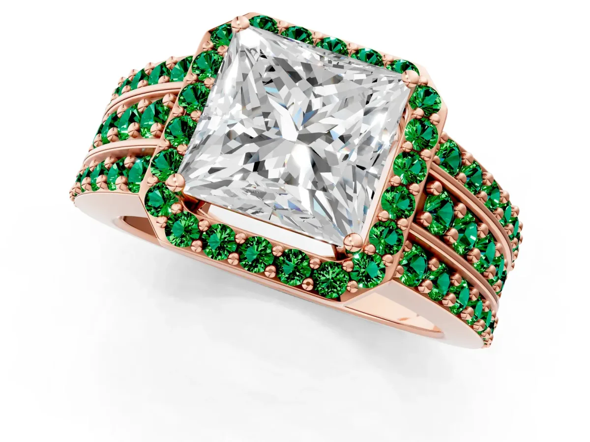 Princess Cut Halo Diamond Ring with Round Emerald Split Shank and Prong Setting Rose gold