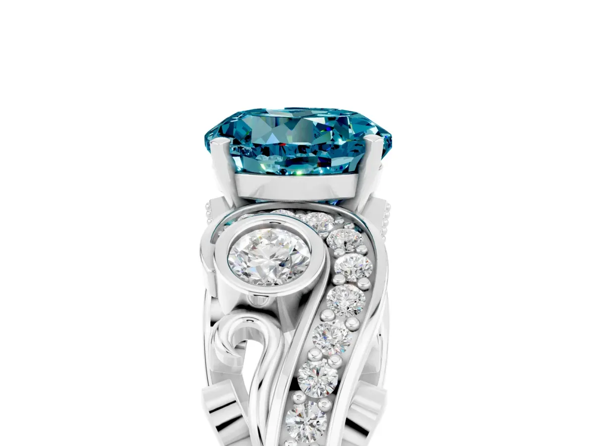 Round Cut Blue Topaz Solitaire Ring with Milgrain Pavé Band and Four-Prong Setting Silver