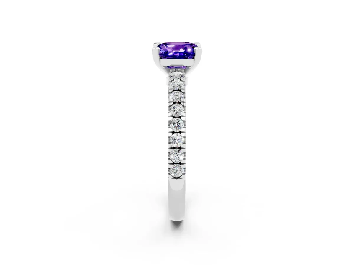 Cushion Cut Solitaire Tanzanite with Pavé Band and Four-Prong Setting Silver