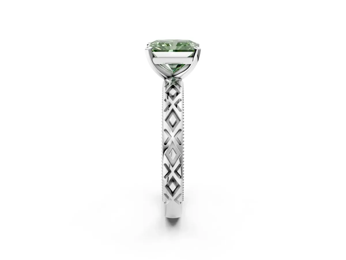 Fancy Green Radiant Cut Solitaire Diamond Ring with Milgrain and Black Enamel X Pattern Band Platinum