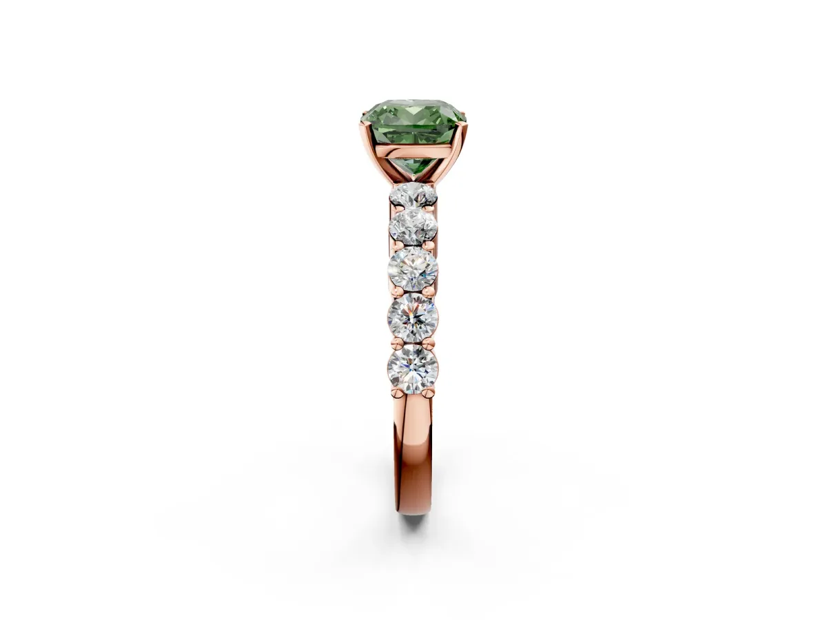 Fancy Green Cushion Cut Diamond Solitaire Ring with Shared Prong Round Side Stones Rose gold