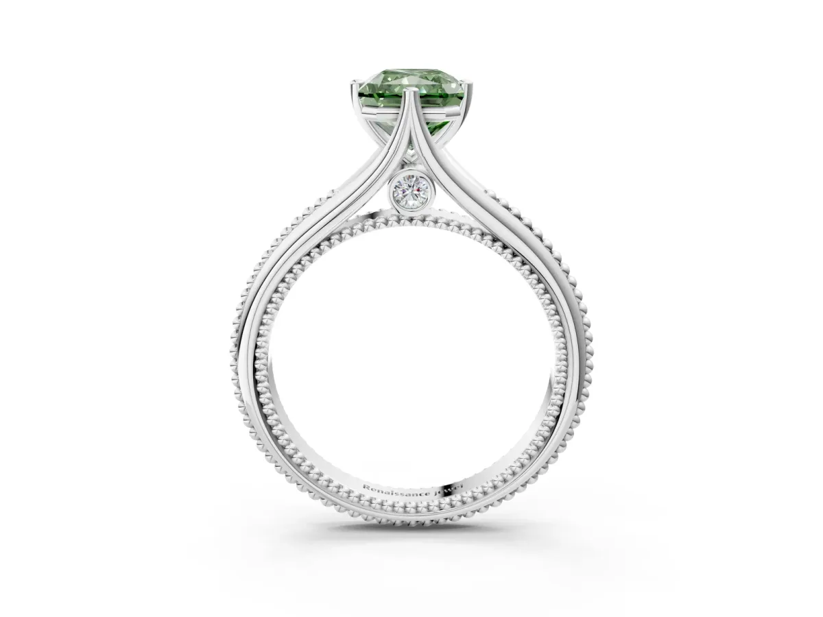 Fancy Green Radiant Cut Solitaire Beaded Band Six-Prong Setting Platinum