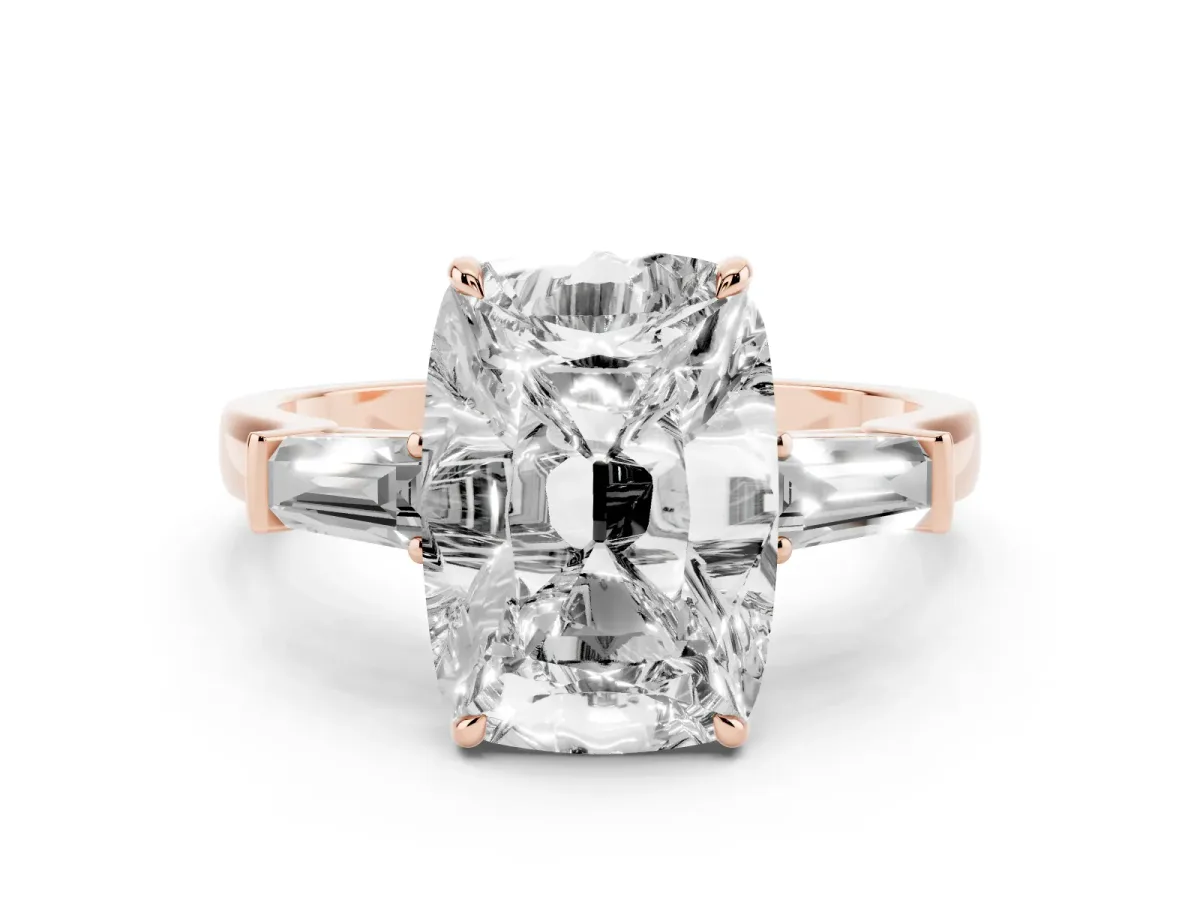 Old Mine Elongated Cushion Diamond with Side Tapered Baguette Three Stone Ring Rose gold