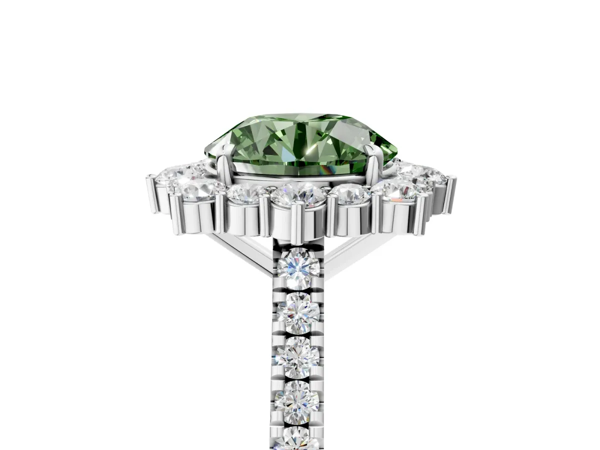 Fancy Green Round Cut Halo Diamond Ring with Pavé Band and Prong Setting Silver