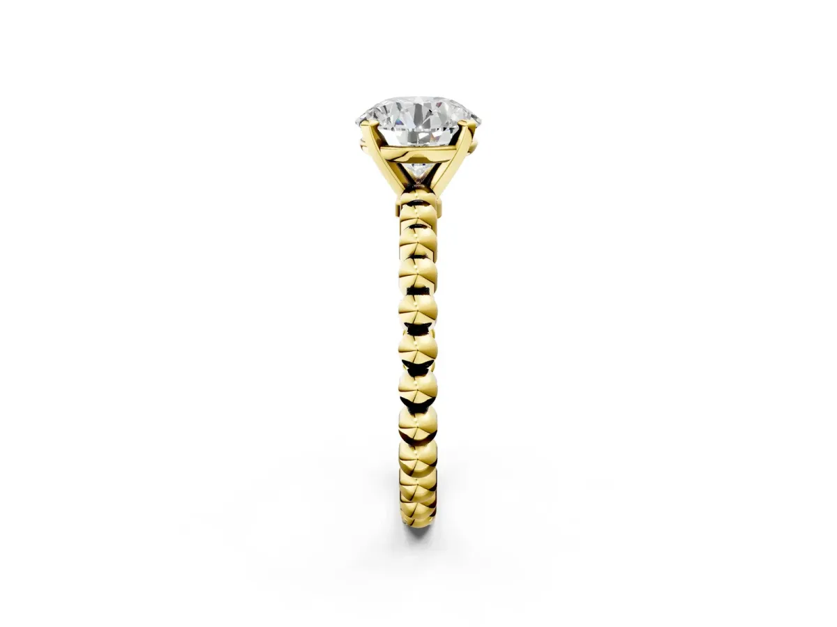 Round Cut Diamond Solitaire Ring with Beaded Band and Prong Setting Yellow gold