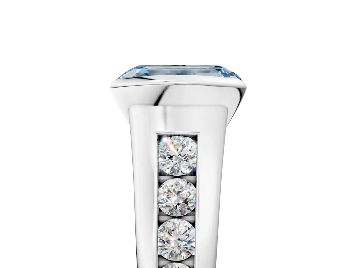 Fancy Blue Emerald Cut Solitaire Bezel-Set Diamond Ring with Channel-Set Band Platinum
