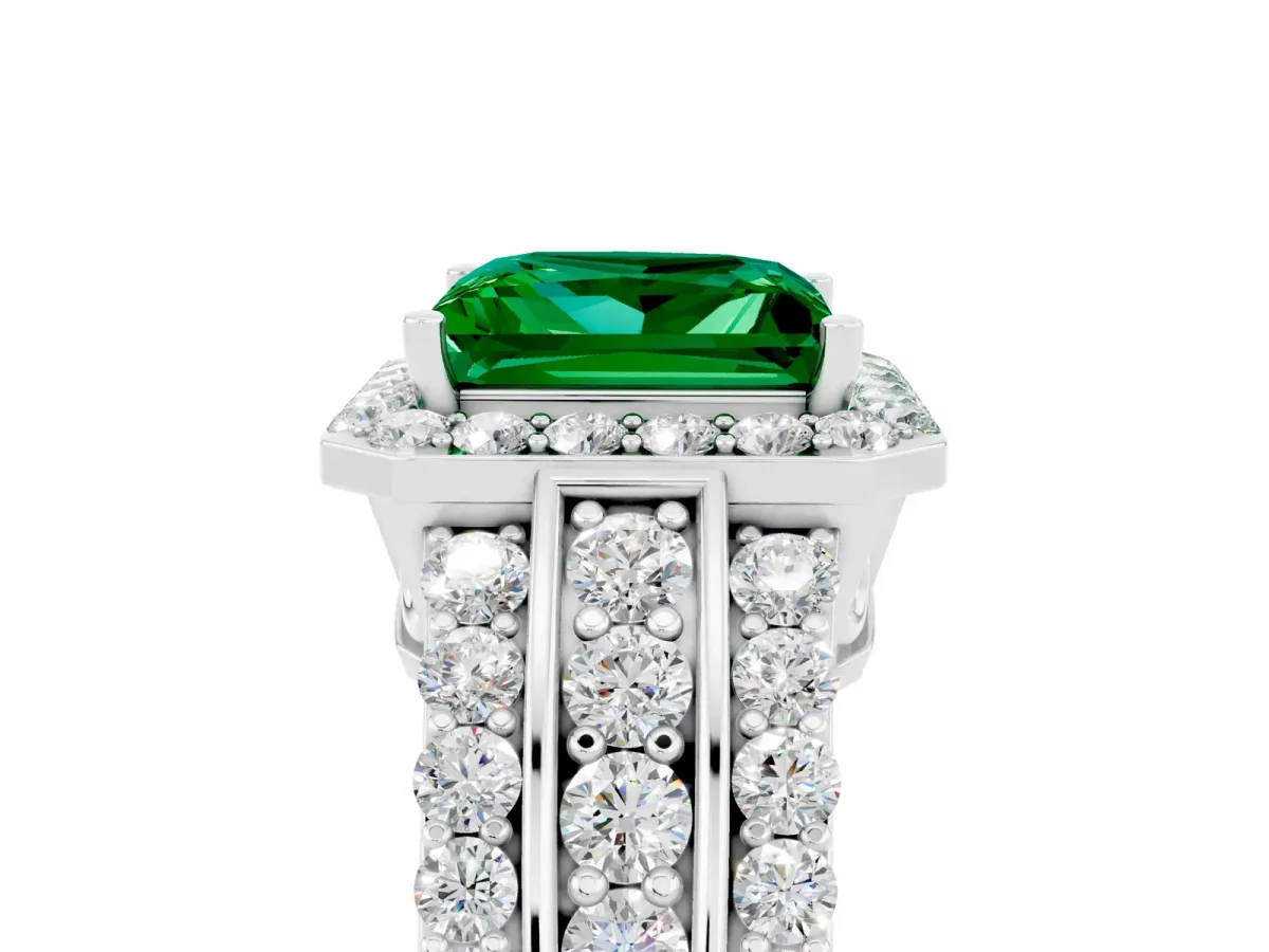 Princess Cut Halo Emerald Ring with Round Split Shank and Prong Setting Platinum