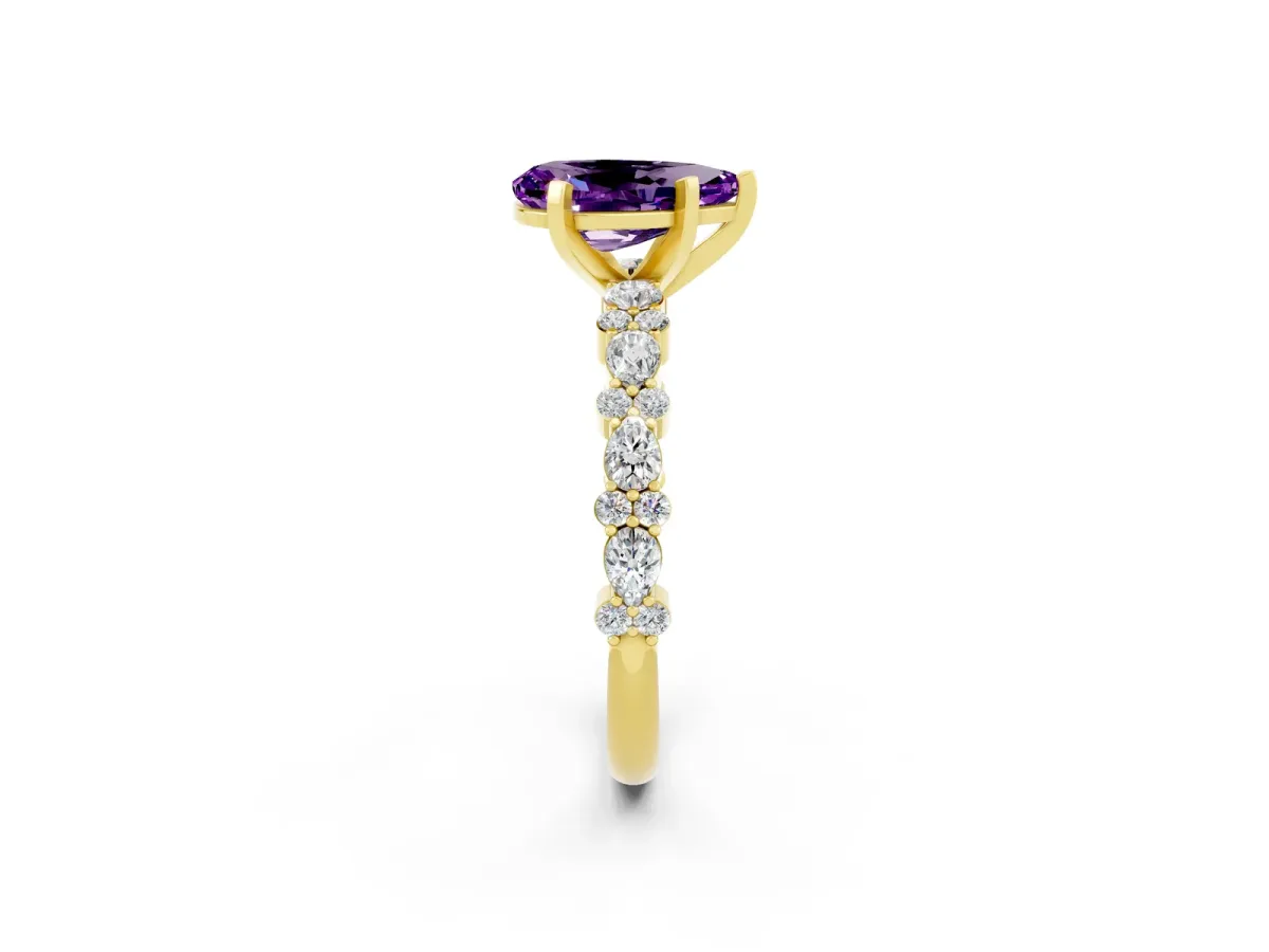 Pear Cut Amethyst Side Stone Solitaire Ring with Round and Four-Prong Setting Yellow gold