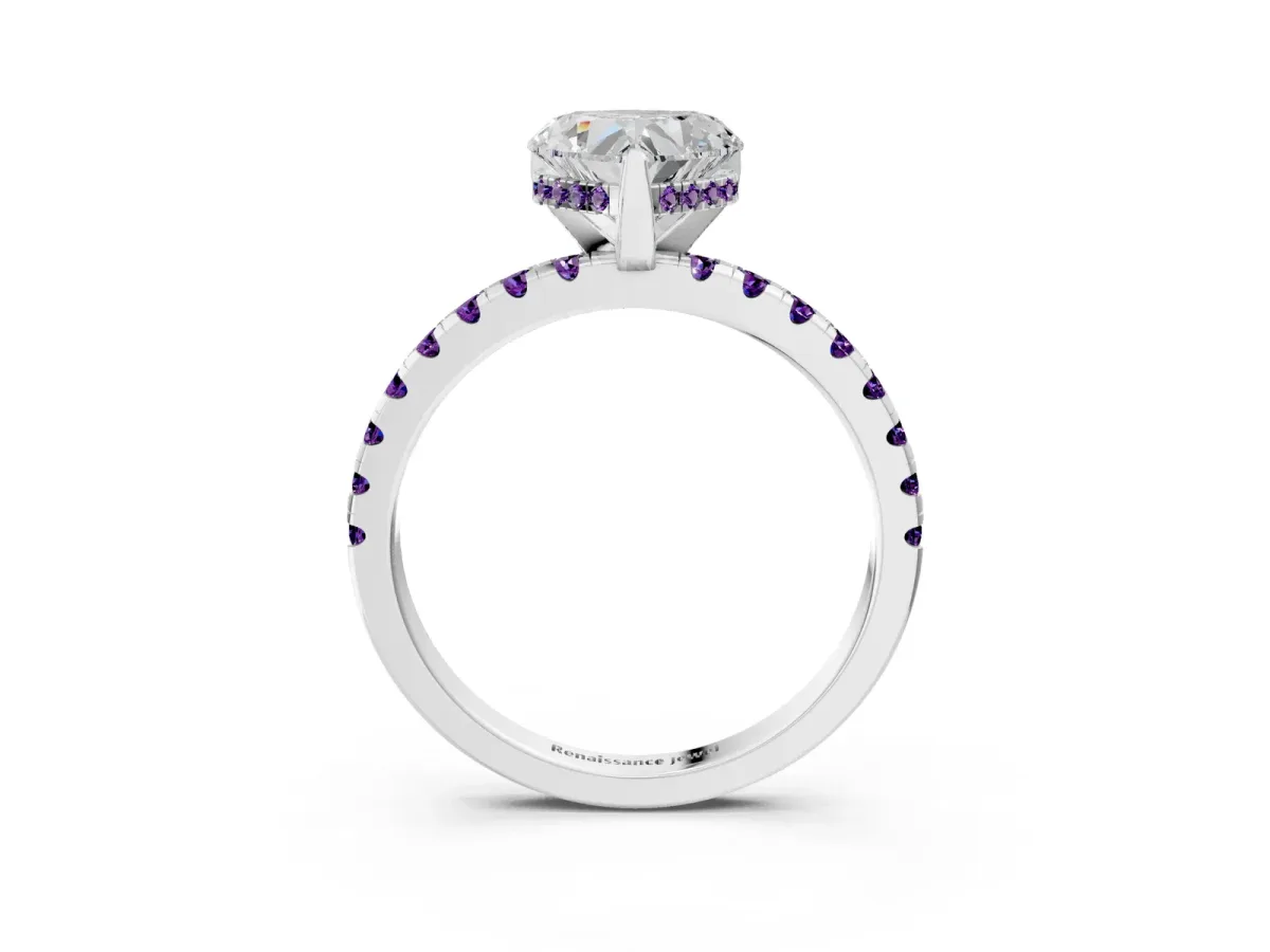 Heart Cut Diamond Solitaire Ring with Round Amethyst Pavé Band and Four-Prong Setting Silver