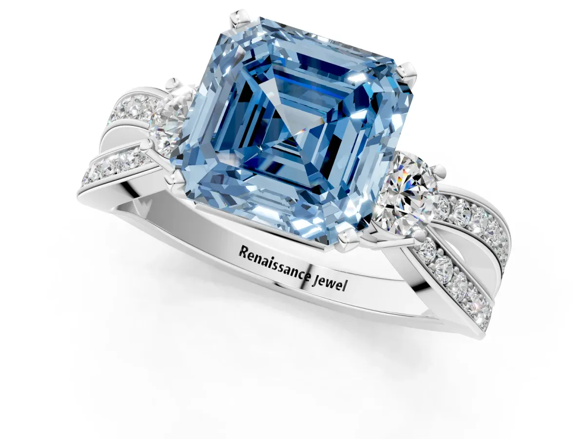 Fancy Blue Three-Stone Asscher Cut Cut Diamond Twist Band with Prong Setting Platinum