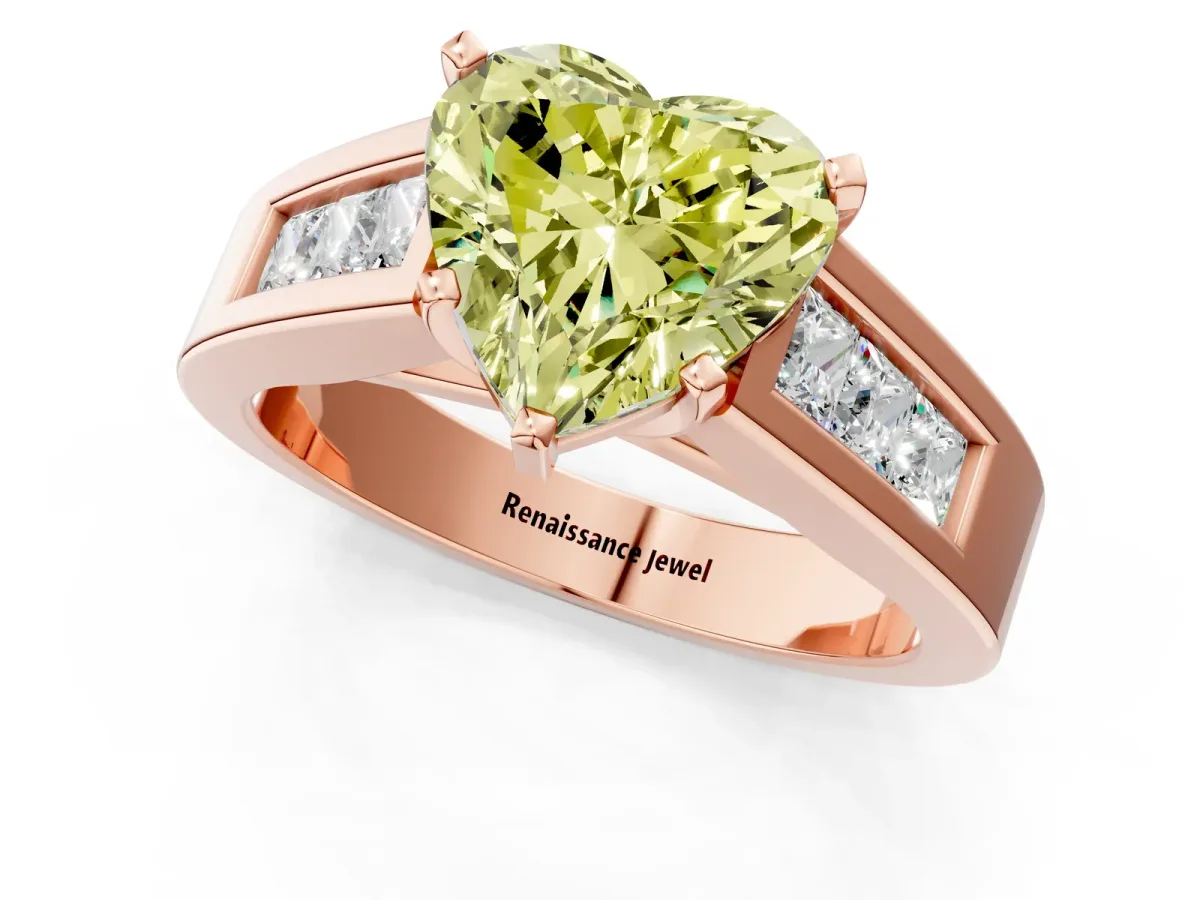 Fancy Yellow Heart Cut Cut Channel Set Solitaire Ring with Four-Prong Setting Rose gold