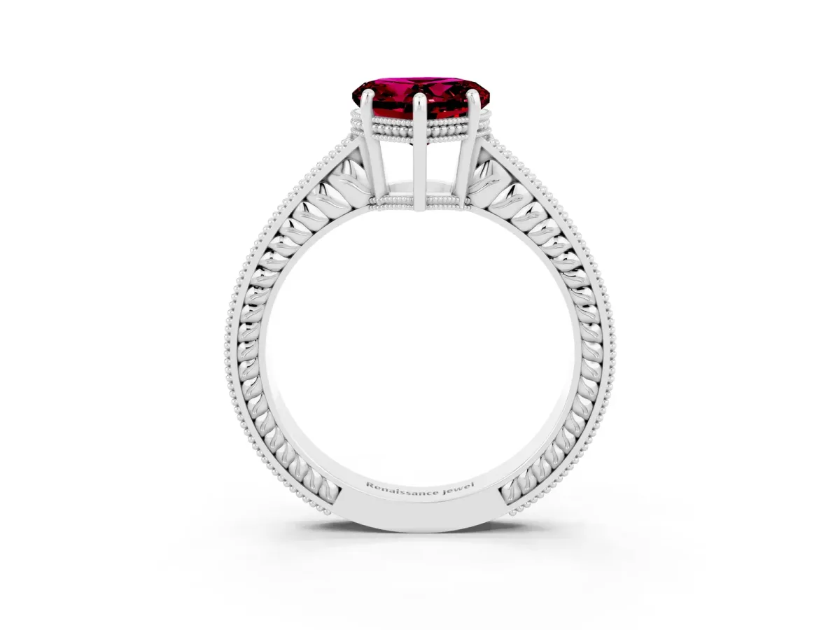 Heart Cut Garnet Ring with Milgrain Pavé Band and Four-Prong Setting Platinum
