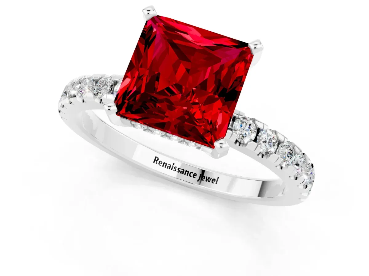 Princess Cut Ruby Solitaire Ring with Round Pavé Band and Four-Prong Setting Silver