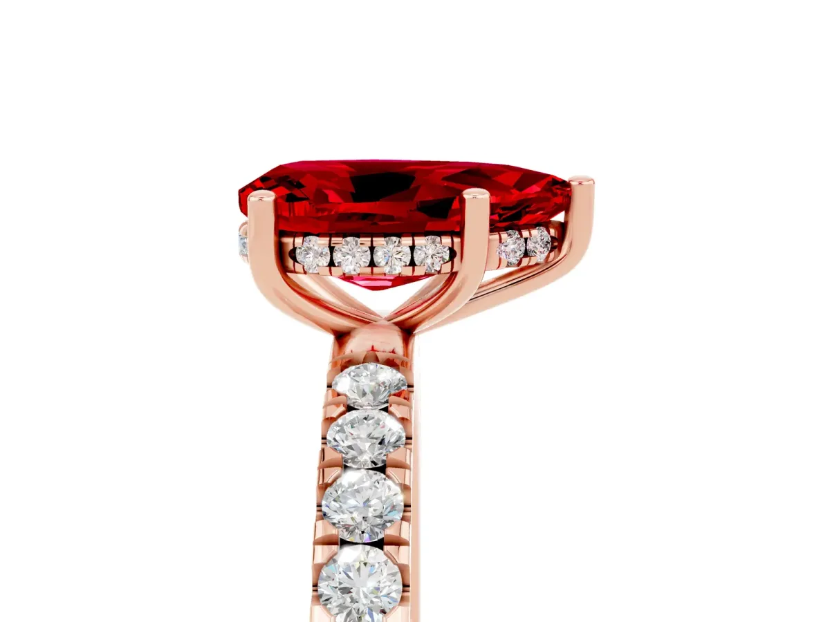 Pear Cut Ruby Pave Band Solitaire Ring with Round and Prong Setting Rose gold