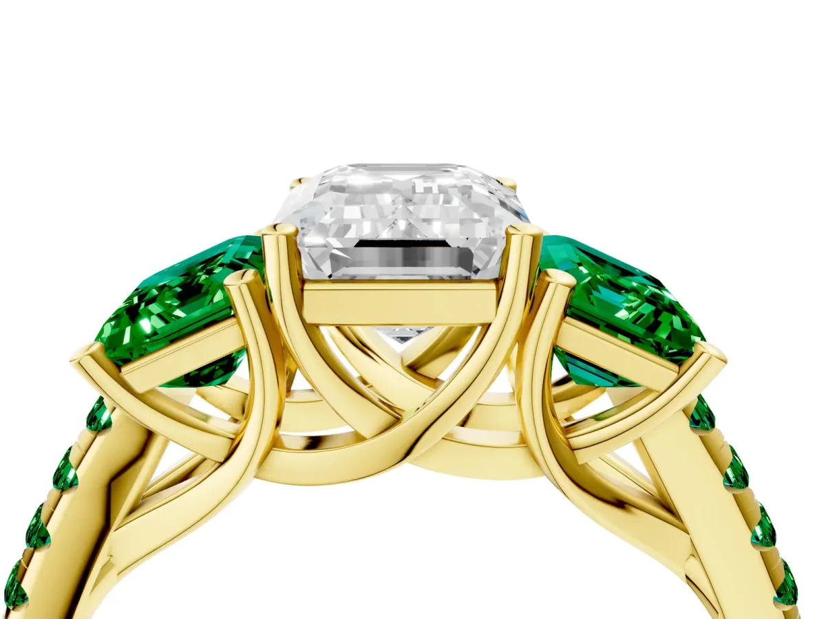 Three-Stone Emerald Cut Diamond Ring with Round Emerald Pavé Band and Prong Setting Yellow gold