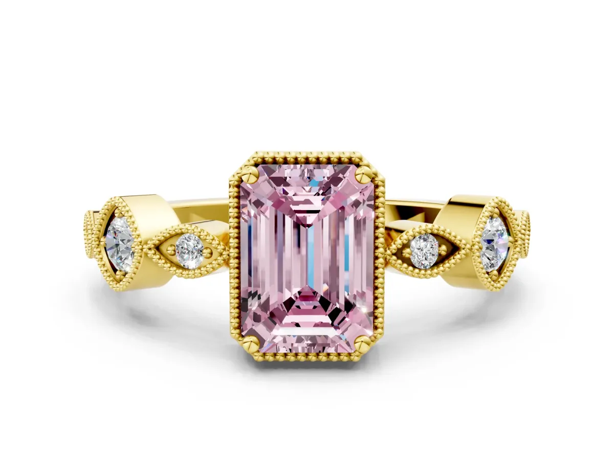 Fancy Pink Emerald Cut Diamond Vintage Milgrain Ring with Round Stations Yellow gold