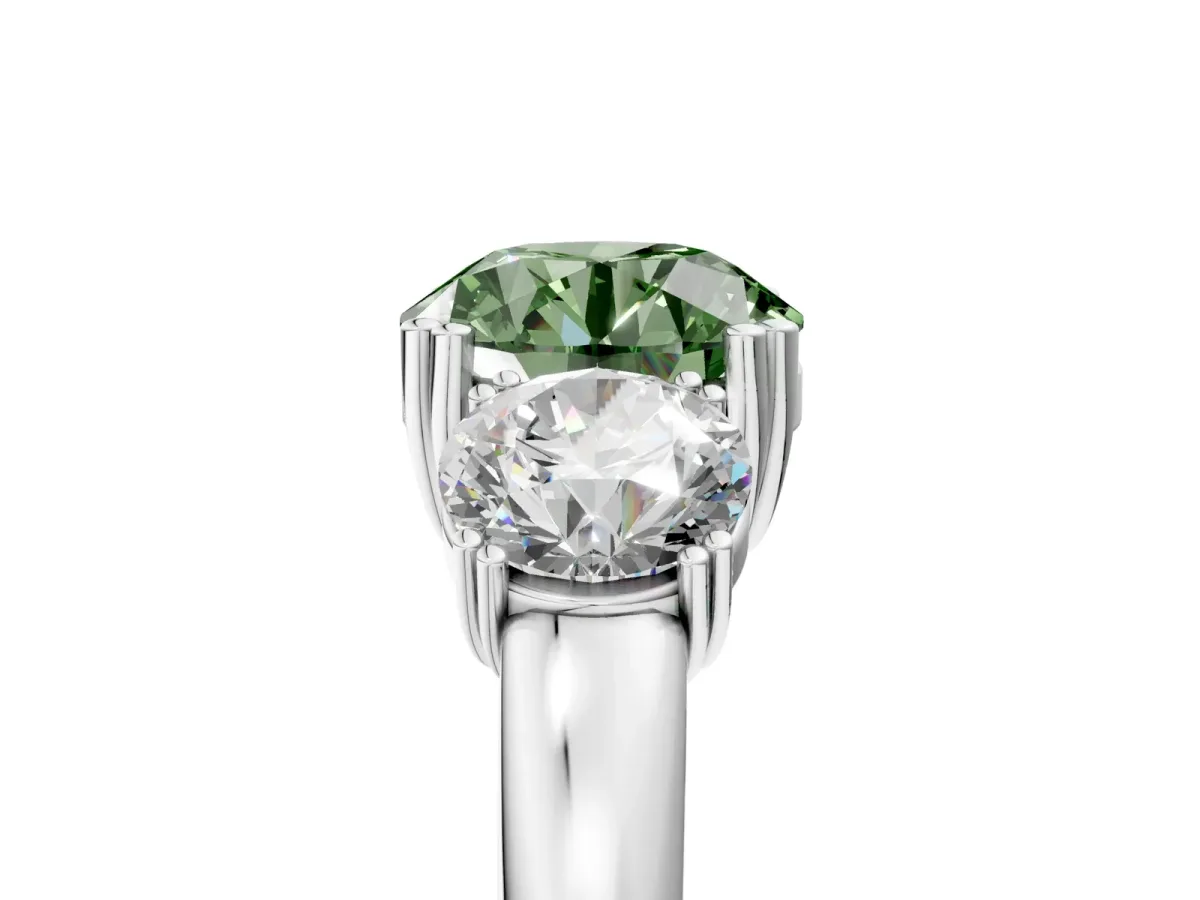 Fancy Green Three-Stone Round Cut Cut Diamond Ring with Channel Set Band and Four-Prong Setting Silver