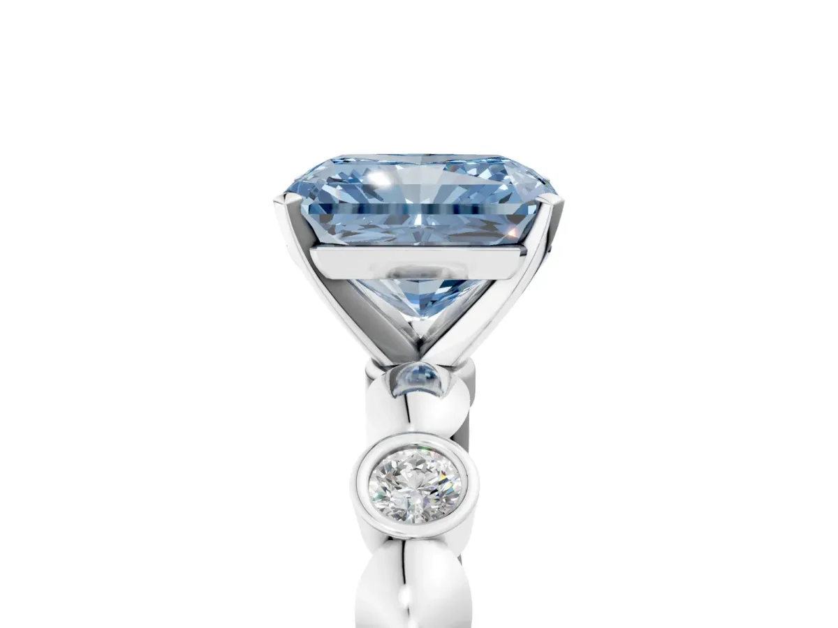 Fancy Blue Radiant Cut Solitaire Bezel-Set Diamond Ring with Beaded Band and Four-Prong Setting Platinum