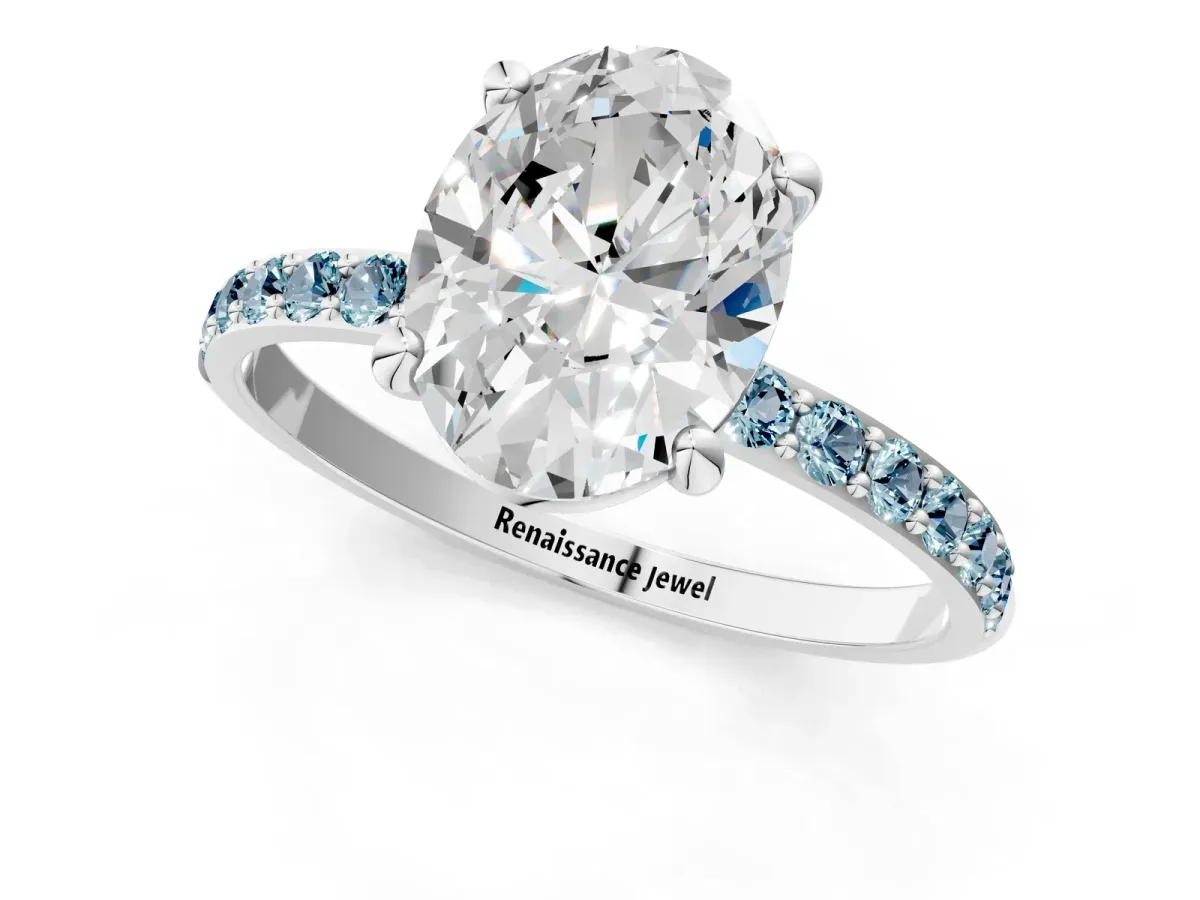Oval Cut Diamond Solitaire Ring with Round Aquamarine Pavé Band and Prong Setting Silver