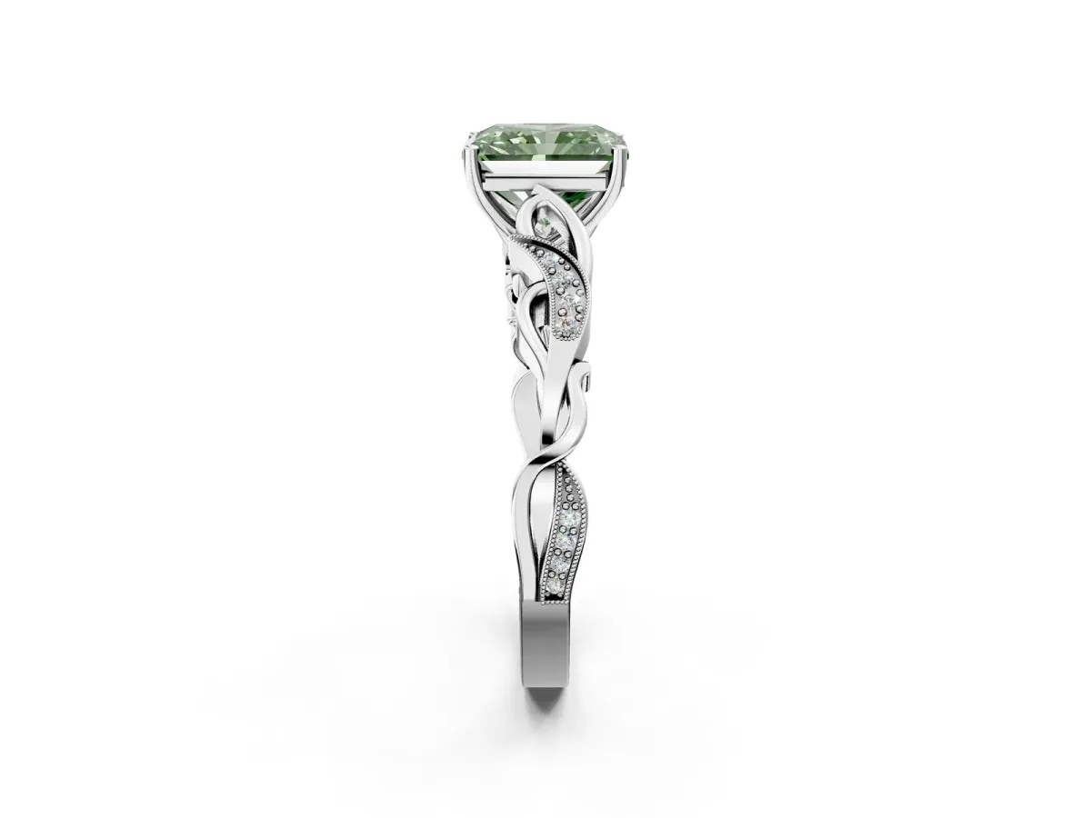 Fancy Green Radiant Cut Solitaire Vine Band with Milgrain Prong Setting Platinum