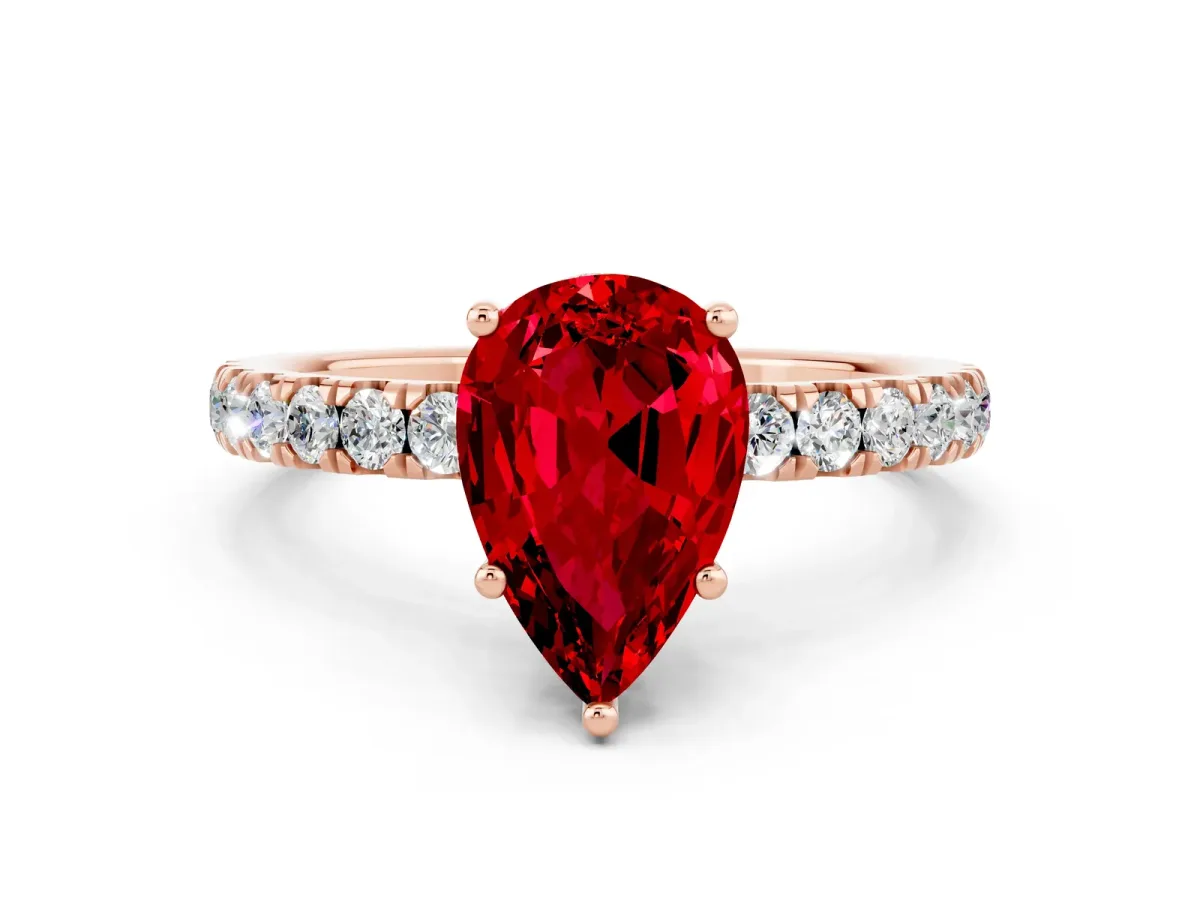 Pear Cut Ruby Pave Band Solitaire Ring with Round and Prong Setting Rose gold