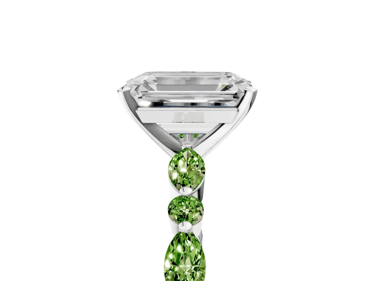 Emerald Cut Diamond Ring with Marquise and Round Peridot Side Stones and Four-Prong Setting Silver