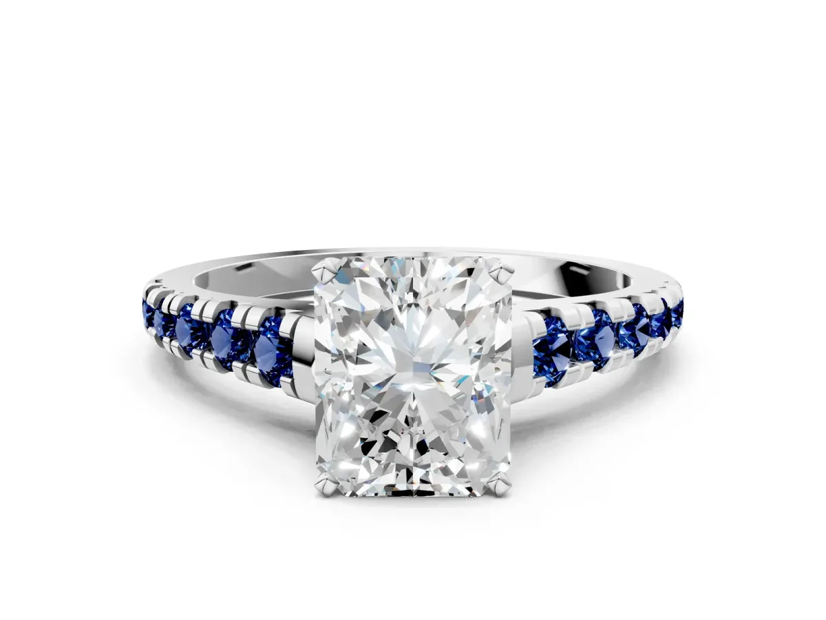 Radiant Cut Diamond Cathedral Solitaire Ring with Round Blue Sapphire Pavé Band Silver