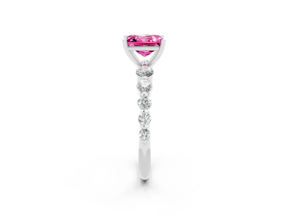 Princess Cut Solitaire Pink Sapphire Ring with Pave Band and Four-Prong Setting Silver