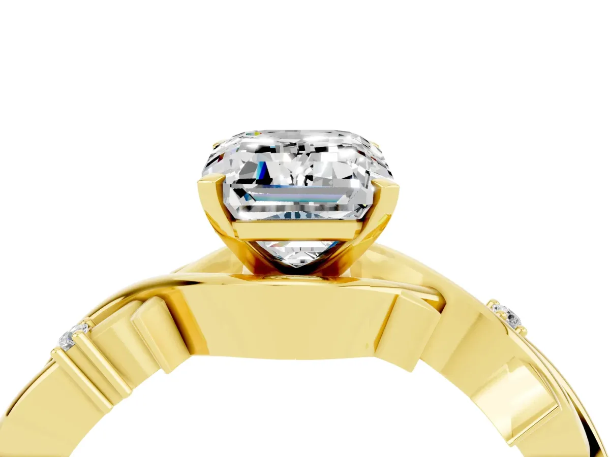 Emerald Cut Moissanite Solitaire Ring with Twisted Band and Prong Setting Yellow gold